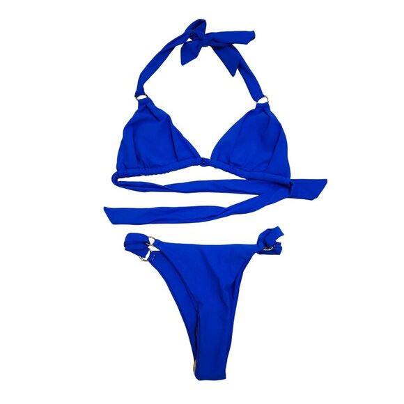 Blue Triangle Bikini Set With Adjustable Halter Neck & Side Tie Bottoms Size S - Picture 1 of 5